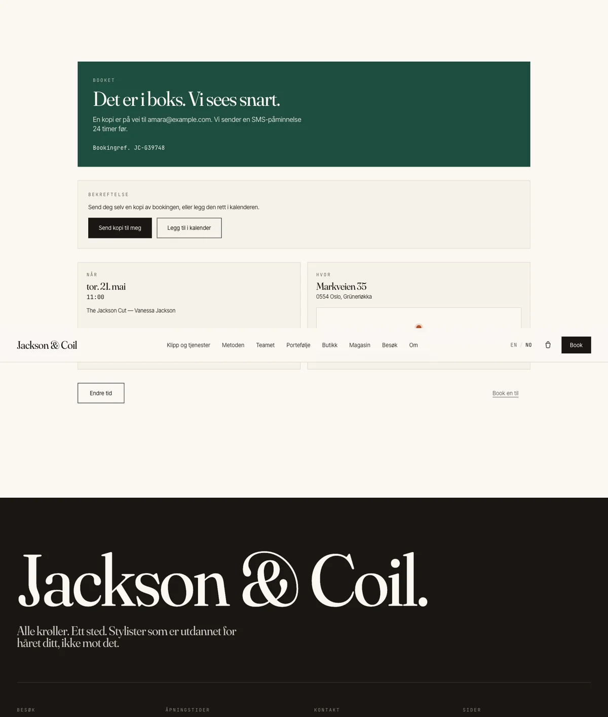Website 1 screenshot of the booking confirmation
