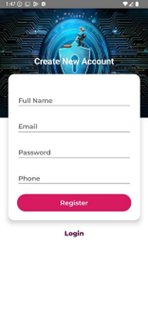 Registreringsskjerm med fullt navn, e-post, passord og telefon, der de strengere reglene gjelder
