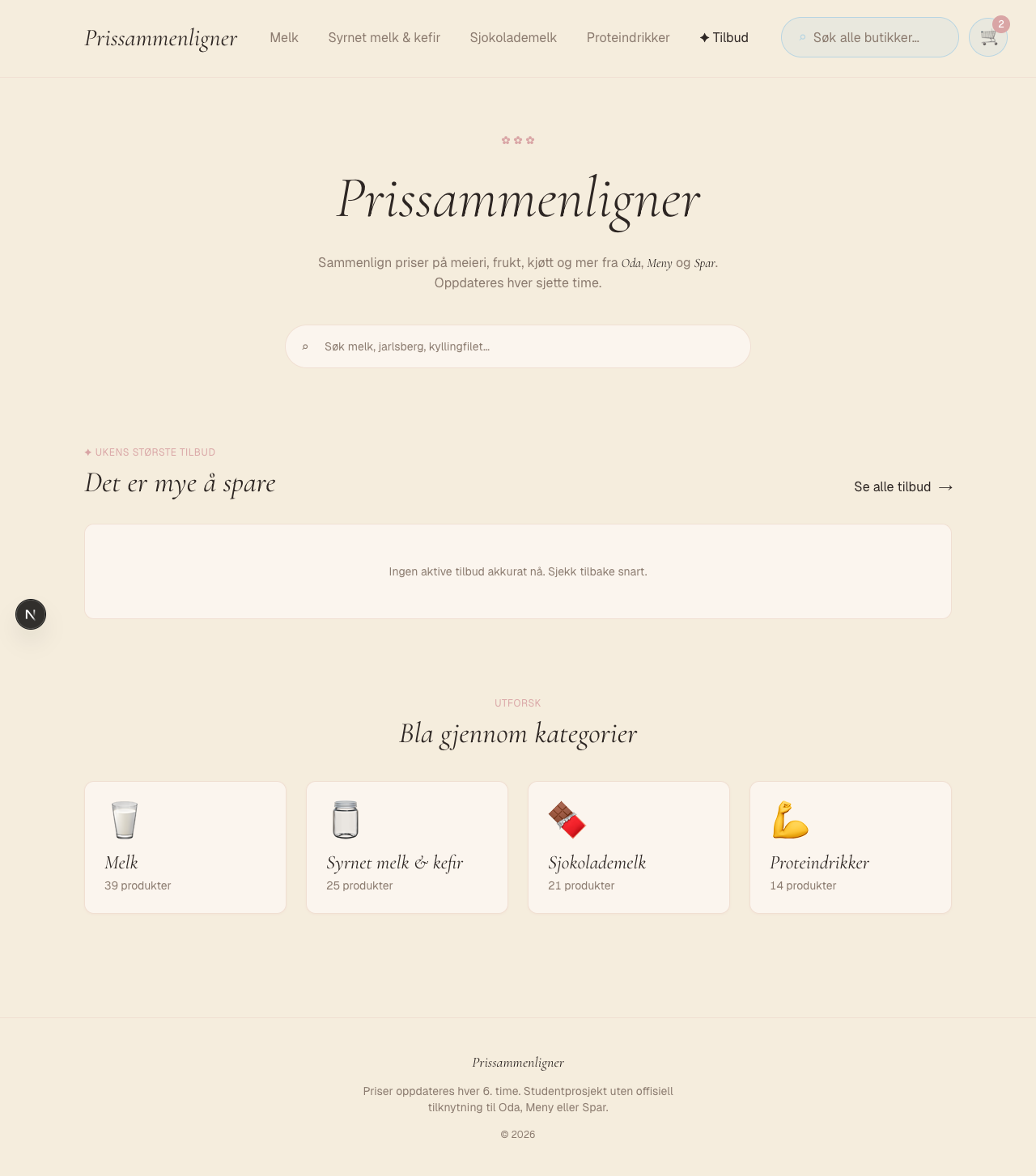 The Prissammenligner home page with a search field, weekly deals and category grid